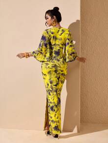 JIAN LASALA 花卉印花网纱深V系带蝴蝶袖女士夏季优雅连衣裙度假波西米亚风 - 黃色 - 查看 2