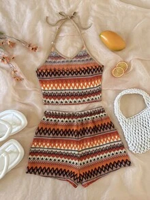 SHEIN Tween Girl Matching Casual Minimalist Comfortable Striped Halter Tank Top And Shorts Set - Khaki - View 4