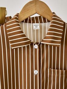 SHEIN Tween Girls Casual Striped Shirt & Pants T-Shirt Set, Suitable For Vacation, Outing, School, Style - Brown - View 3