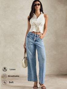 Briarwyn 2026新款女士纯色休闲衬衫，春夏假日，情人节，假期，夏季假期，海滩度假，外出，黄色上衣，夏季上衣，外出上衣，休闲 - 杏色 - 查看 6