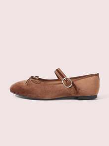 CUCCOO DOLLMOD Ladies Brown Round Toe Bow Decoration With Buckle Flat Sole Shoes Upper Velvet Material Suitable For Daily Commuting Birthday Parties - Brown - View 2