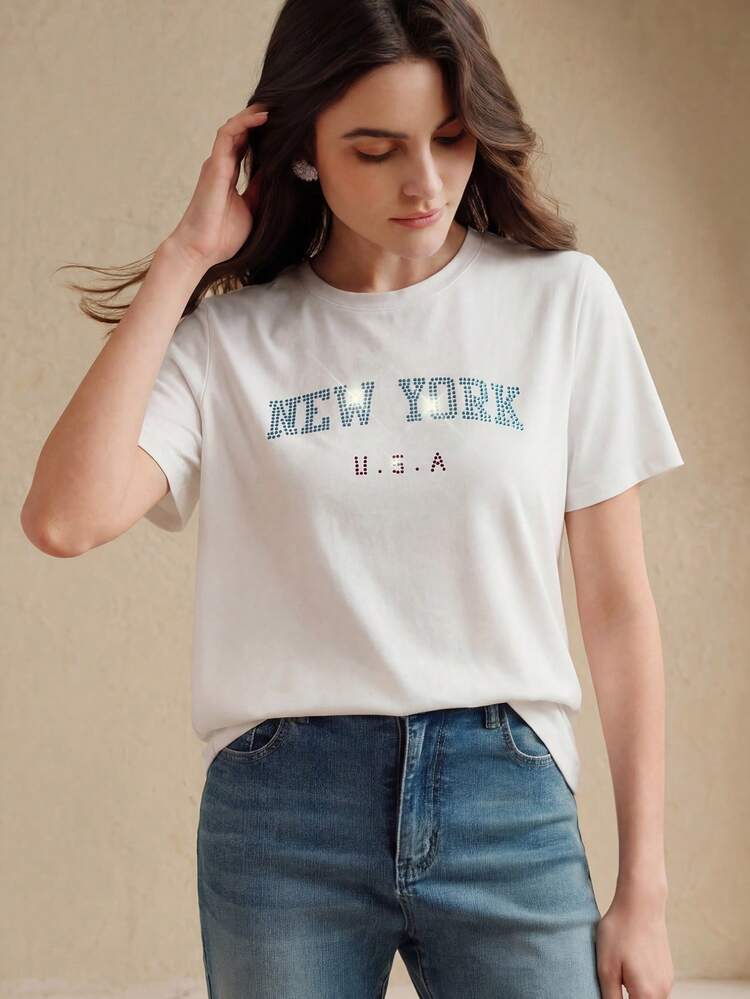 Summer Casual Letter Rhinestone Embellished Short Sleeve T-Shirt
