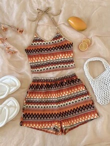 SHEIN Tween Girl Matching Casual Minimalist Comfortable Striped Halter Tank Top And Shorts Set - Khaki - View 3