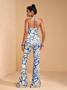 JIAN LASALA All-Over Print Mesh V Neckline Halter Tie Backless Women Flared Leg Jumpsuit Summer Vacation - Multicolor - View 2