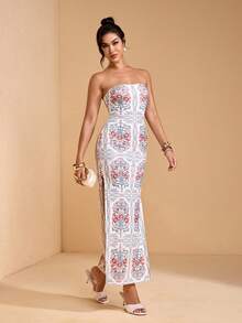 JIAN LASALA All-Over Print Mesh Off-Shoulder Sleeveless Bodycon Women Long Dress With Slits Summer Vacation Golf White Sexy - Multicolor - View 6
