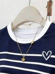 女士休闲条纹褶皱短袖T恤，夏季 - 藏蓝色 - 查看 3