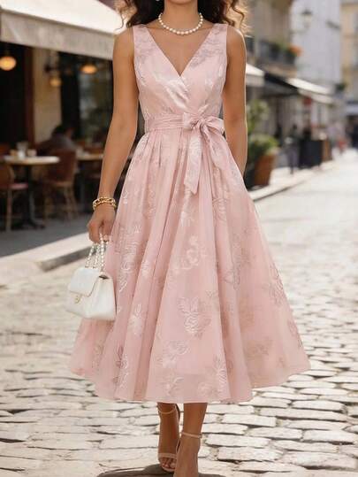 Balvessa V-Neck Elegant Romantic Chiffon Floral Print Dress, Suitable For Vacation And Commute, Fashion High-End French Style