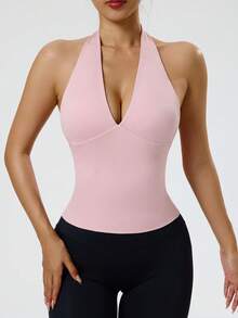Sovereign Charm Women's Solid Color Deep V-Neck Sports Tank Top - Pink - View 1