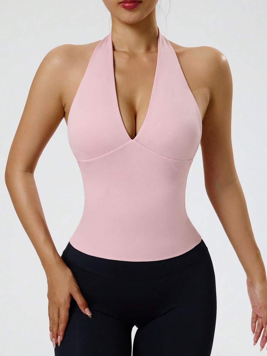 Sovereign Charm Women's Solid Color Deep V-Neck Sports Tank Top - Pink - View 1
