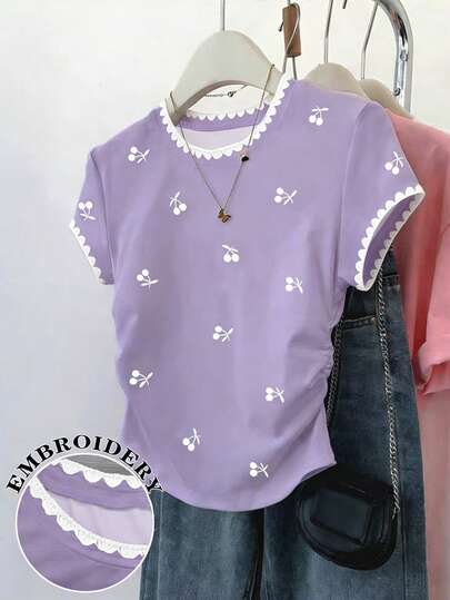 Resyla Camiseta casual de mujer con estampado de cerezas, nueva moda de verano con diseño versátil, adecuada para volver al colegio, atuendo dulce, fotografía callejera, atuendo para citas, color morado