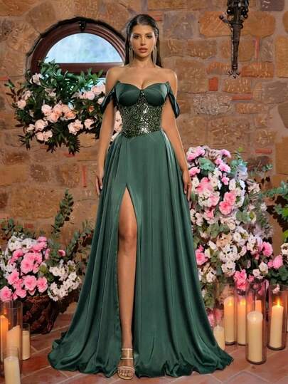 Glamrae Elegant Luxury Off-Shoulder Sequins Embroidered Silk Satin Asymmetric Waistline Slit Hem Evening Gown, Business Formal Dress, Guest Dress, Light Formal Dress Long Dress With Slit Green Gown Off Shoulder Formal Dress Green Satin Dress Dark Green Formal Dress