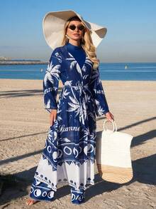 Swim Shayni 3pcs Women's Spring/Summer Swimsuit Set: Round Neck Long Sleeve Top, Casual Pants, And Coverup. Conservative Beach Party Vacation Modest Burkini Swimwear Set - Royal Blue - View 5