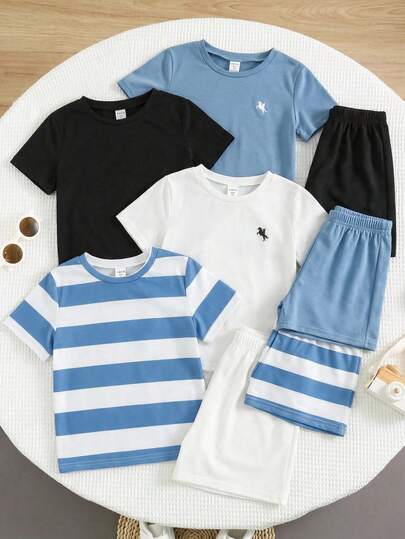 SHEIN 8pcs/Set Young Boys' Comfortable Casual Everyday Striped Cute Horse & Letter Print Short Sleeve T-Shirt And Shorts Set, Suitable For Spring/Summer, Daily Wear, Sports, Outings, School, Parties, Holidays, Photo Shoots, Back To School Season,Toddler Boy Clothes,Toddler,Easter Gift For Boys
