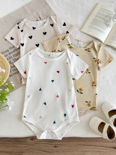 SHEIN 3件套男女通用婴儿蜜蜂花卉条纹印花短袖连体衣，可爱卡通昆虫图案，适合春夏外出、拍照或日常穿着