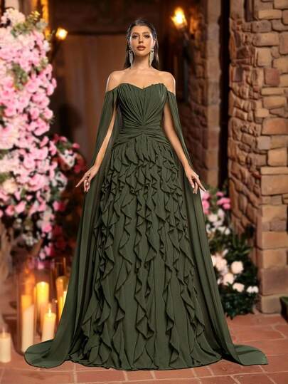 Glamrae Đầm chiffon trễ vai thanh lịch, lãng mạn với viền bèo nhún nhiều lớp, phù hợp cho các lễ hội, đám cưới, dạ hội, buổi hòa nhạc, sự kiện kinh doanh và các dịp dành cho người nổi tiếng trên mạng xã hội.