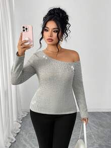 Elenzga Lenzga Women's Plus Size Asymmetrical Shoulder Long Sleeve Cinched Waist Casual Blouse, Elegant Faux Pearl Decor, Luxury Party Wear - Grey - View 6