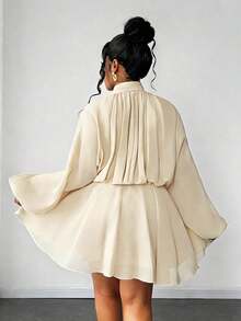 Maweii Vestido de moda de manga farol con cuello alto de unicolor para mujer de talla grande - Albaricoque - Ver 5