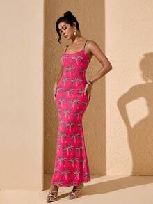 JIAN LASALA Multi Tropical Print Mesh Spaghetti Straps Women Sleeveless Long Dress Summer Vacation Casual - Hot Pink - View 4