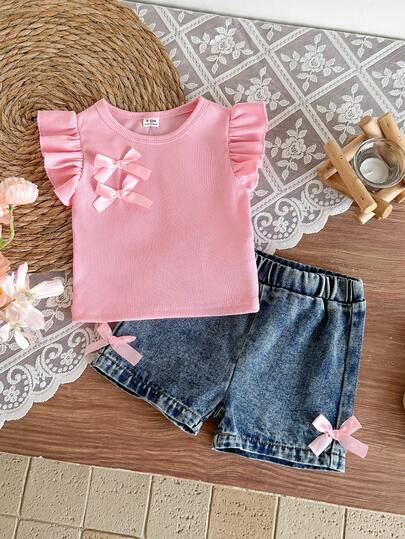 SHEIN Baby Girl Outfits 3Months-3year 2pcs/Set Summer Vocation And Outfits For Girl Casual Daily Style Loose Suit, Sleeveless Ruffled Bowknot Decoration Top And Short Denim