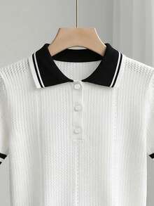 Franclia 女士撞色短袖针织上衣 - 白色 - 查看 3