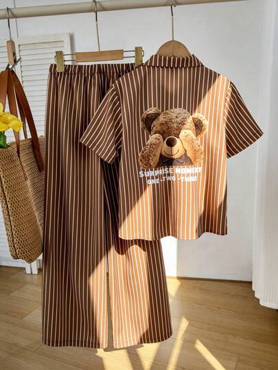 SHEIN Tween Girls Casual Striped Shirt & Pants T-Shirt Set, Suitable For Vacation, Outing, School, Style