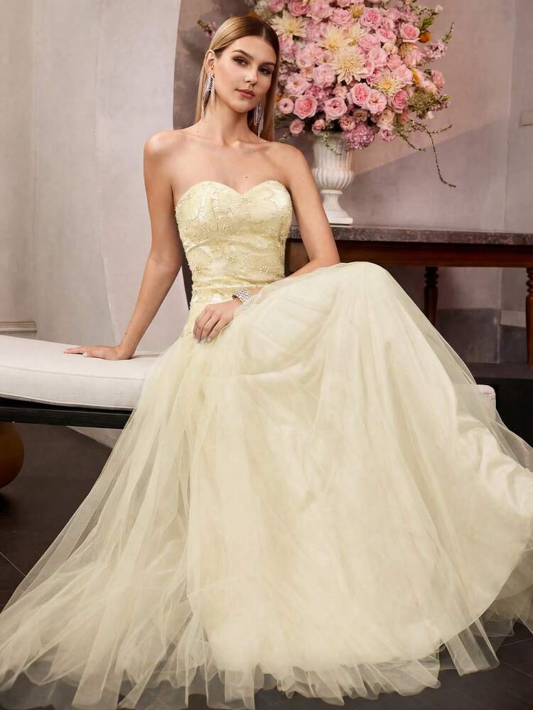 MOTF Soiréza ELEGANT STRAPLESS MAXI SATIN & MESH PARTY GOWN – 3D FLORAL EMBROIDERY, SPARKLY FAUX PEARL ACCENTS, FORM-FITTING SILHOUETTE WITH VOLUMINOUS SPLICED MESH A-LINE DRESS | PERFECT FOR PARTIES, GALAS, NEW YEAR'S EVE & FORMAL EVENTS,SPRING OUTFITS SUMMER DRESSES