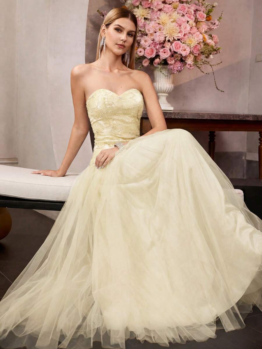 MOTF Soiréza ELEGANT STRAPLESS MAXI SATIN & MESH PARTY GOWN – 3D FLORAL ...