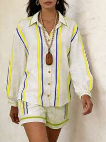Women's Striped Print Loose Shirt + Matching Shorts 2 Pieces Set - Light Yellow - View 5