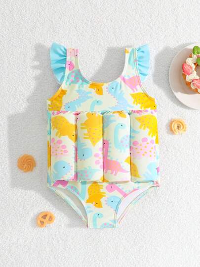 女婴全印花荷叶袖浮力泳衣，适合海滩度假、泳池派对、沙滩派对