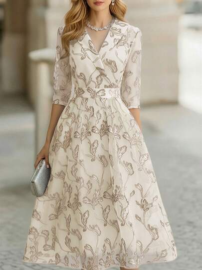 Balvessa New Arrival Elegant Leaf Pattern French Style Long Evening Dress For Women, Suitable For Spring & Autumn