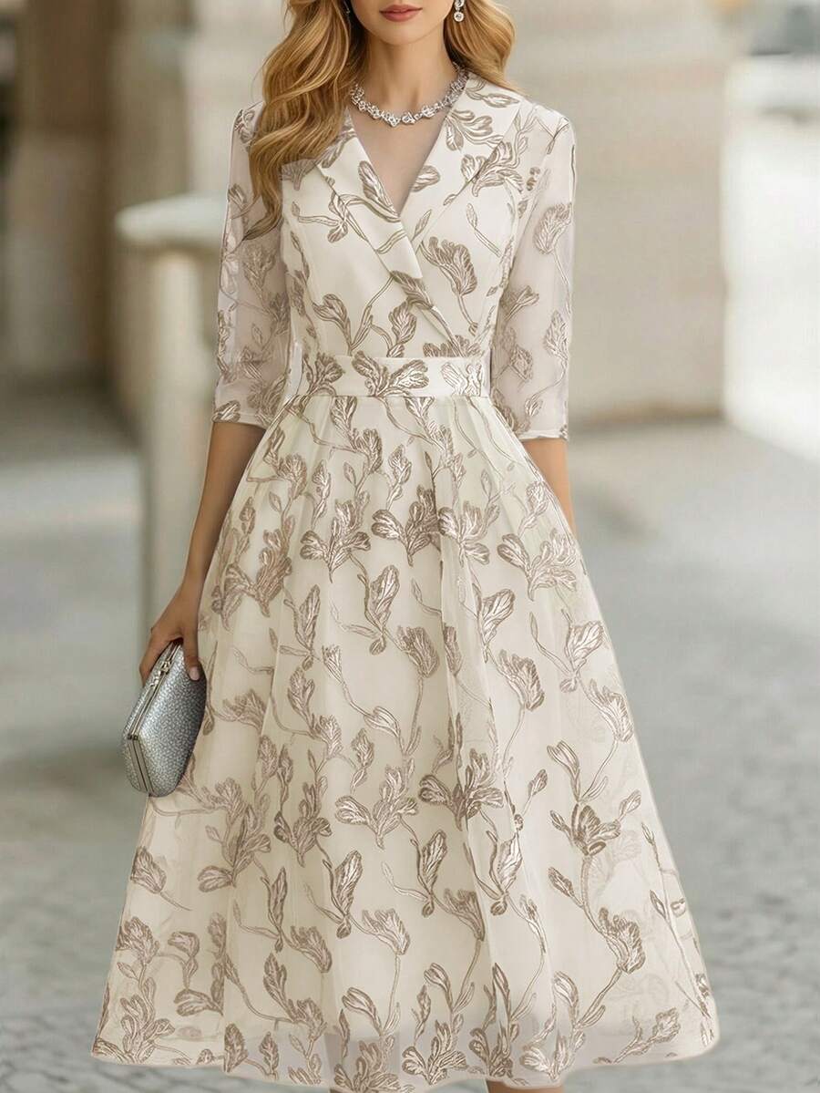 Balvessa 新款优雅树叶图案法式长款晚礼服，适合春秋季穿着。 - 彩色 - 查看 1