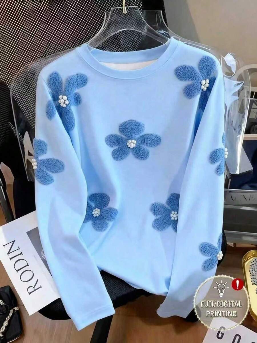 Resyla 3D Pearl Floral Digital Print Round Neck Women Long Sleeve Printed T-Shirt - Multicolor - View 1