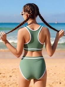 少女海滩度假修身休闲泳衣套装 - 綠色 - 查看 2