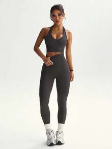Dewbera Women's Minimalist Solid Color Halter Top And Pants Sports Set For Everyday Wear - 多色 2 - 查看 7