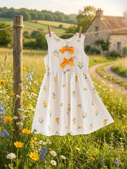 Elladie kids 女童可爱休闲甜美碎花蝴蝶结装饰纹理面料无袖连衣裙，适合度假和日常穿着，春夏款