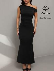 SHEIN PETITE 不对称超长鱼尾连衣裙，舒适棉质面料，适合夏季日常约会、旅行、派对、优雅女士外出、夜店活动、宴会等场合。 - 黑色 - 查看 3