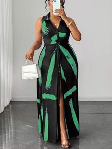 Maweii Plus Size Women Casual Striped Knit Twist Design Dress - Green - View 4