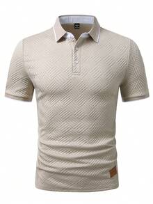 EGENSIO Men's Knitted Jacquard Textured 3-Button Polo Shirt, Formal, Ceremony - Apricot - View 4