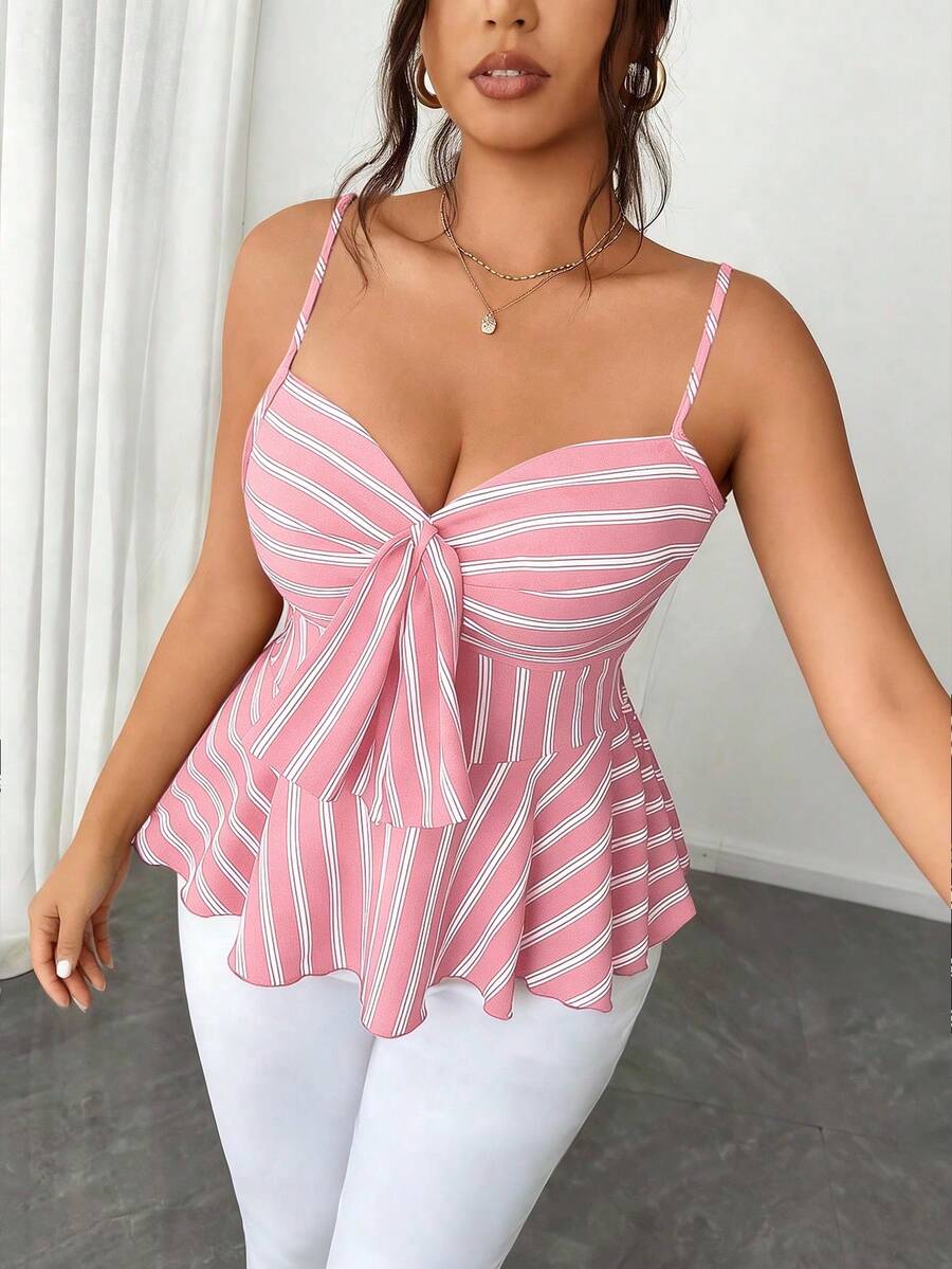 SHEIN Elenzya 大尺碼無袖時尚通勤度假風優雅細肩帶上衣 - 粉色 - 查看 1