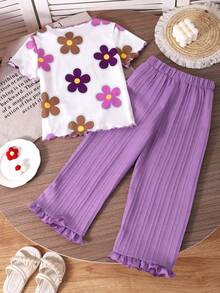 SHEIN Genkimix Kids Bộ trang phục thường ngày cho bé gái: Áo thun ngắn tay cổ tròn in hoa và quần xếp ly. - Màu tím - Xem 2