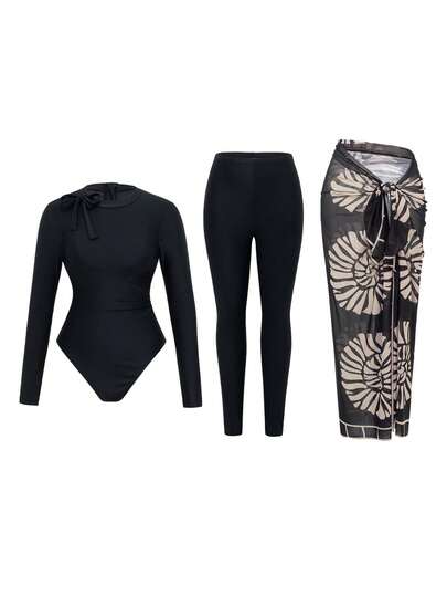 Swim Shayni Women's 3-Piece Swimsuit Set For Spring/Summer, Solid Color Round Neck Long Sleeve Zipper One-Piece Swimsuit With Slim-Fit Pants And Mesh Skirt, Conservative Beachwear Burkini Swimsuit Set For Beach Holiday