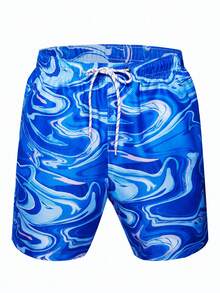 Manfinity Swimmode 1 قطعة رجالية شورت شاطئ مزخرف بطباعة الرخام، خصر متداخل، بيكيني يتناسق مع شريك، للأجازات البحر ورحلات هاواي - متعدد الألوان - مشاهدة 6