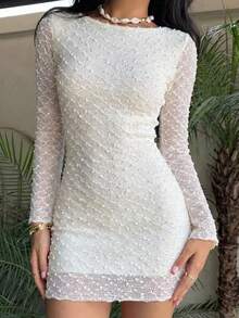 MainGRL 女士杏色提花面料露背A字连衣裙，适合春夏度假、浪漫场合和约会。 - 杏色 - 查看 2