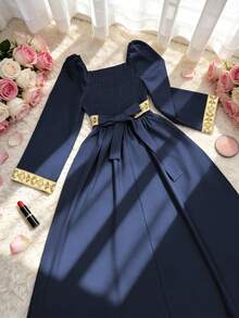 Lyxana Brown Square Collar Woven Belt Wrap Elegant Dress For Women - Navy Blue - View 2