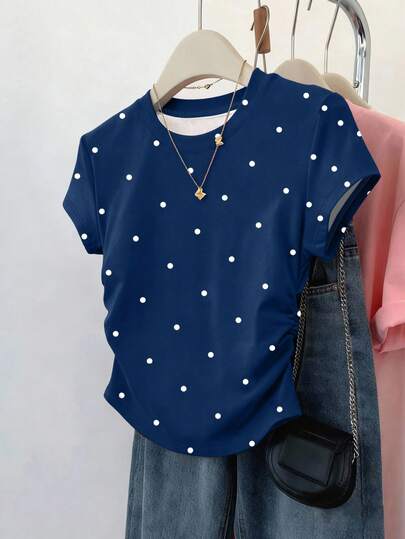 Resyla Damtröja med prickigt tryck och rund hals, kortärmad och veckad casual