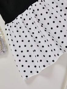 SHEIN 1pc Tween Girl Bowknot Pleated Short Sleeve Dress, Loose Fit, Spring/Summer - Black and White - View 5