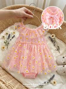 Cozy Pixies Baby Girl Daisy Collar Ruffle Contrast Color Bow Tie Waist Romper, Elegant Ditsy Floral Baby Girl Romper, Pink Floral Princess Style Baby Girl Romper, Suitable For Spring/Summer, Outdoor Picnic, Outing, Street Style, Home, Bohemian, Music Festival, Tea Party, Vintage Dress Baby Girl Sleeveless Bodysuit Baby Girl Floral Print Bodysuit Baby Girl Daisy Print Bodysuit Baby Girl Summer Bodysuit - Multicolor - View 3