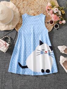 SHEIN Toddler & Little Girls' Cute Cartoon Print Dress, Casual Comfortable Flared Skirt Suitable For Outings, Parties, Vacation - Baby Blue - View 2