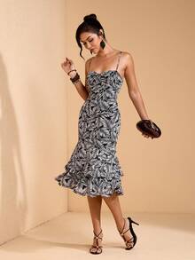 JIAN LASALA Đầm nữ không tay dáng suông, dây mảnh, xếp ly, chất liệu lưới in họa tiết toàn thân, thích hợp cho kỳ nghỉ hoặc mặc thường ngày. - Đen và trắng - Xem 1