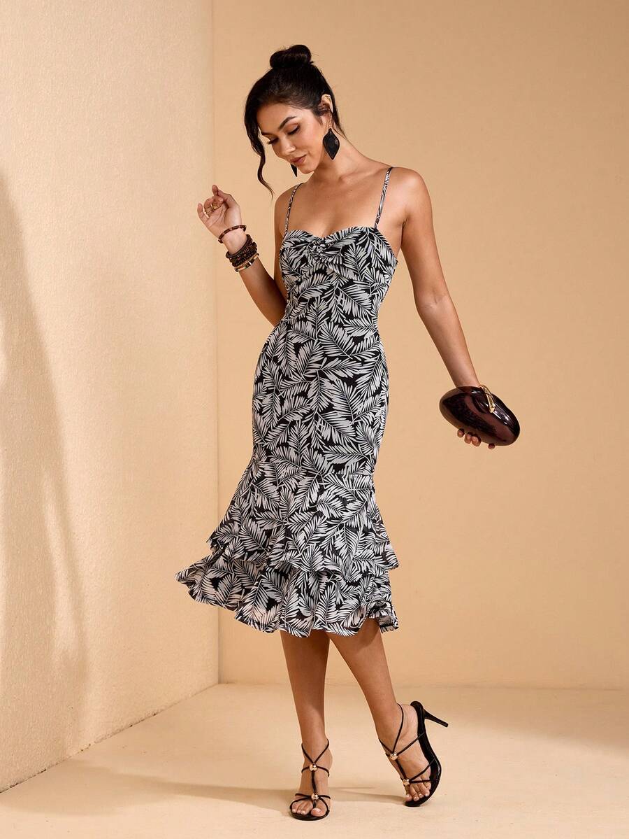 JIAN LASALA Đầm nữ không tay dáng suông, dây mảnh, xếp ly, chất liệu lưới in họa tiết toàn thân, thích hợp cho kỳ nghỉ hoặc mặc thường ngày. - Đen và trắng - Xem 1